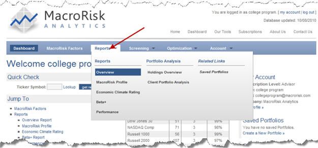 An adviser can get to most of the key reports needed from the "Reports" tab (or the "Reports" listing on the "Dashboard").

The "Reports" group focuses on individual securities or portfolios as a whole.
The "Portfolio Analysis" group focuses on the characteristics of the securities which comprise a portfolio. The co-branded "Client Portfolio Analysis" report [meaning advisers can add their firm's logo] report is available here.
The "Saved Portfolios" links to the same portfolio management page as the "Saved Portfolios" link on the Dashboard.