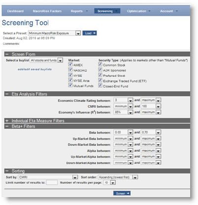 Advisers have a lot of granularity when it comes to using the Screening Tool. An adviser's favorite screening parameters can be saved as "Preset Screens" as well. Loading a preset screen opens the impacted screen windows and displays the preset values. These can be changed and the new selections saved as another preset screen if desired. (The "minmum MacroRisk Exposure" is based on academic findings that suggest the particular combination used. However, it is easy to change any of these search criteria.)