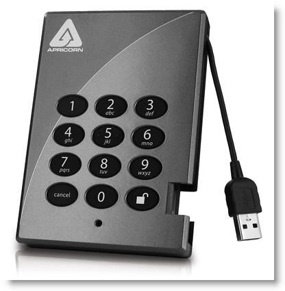 I reviewed the 750GB model of the Aegis Padlock (there are four lower capacity models available as well, starting at 250GB). The keypad on the Padlock lets you assign your own six- or twelve-digit pin for accessing the device. And the drive offers your choice of 128-bit or 256-bit AES hardware encryption. The drive remains encrypted even if removed from its enclosure.
(photo provided by Apricorn Inc.)