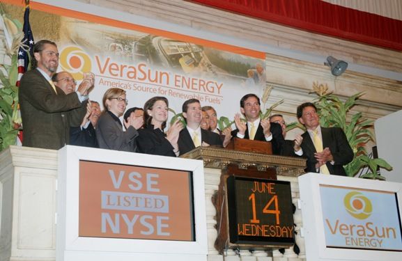 <p style="font-size:12px;"> True to its midwestern roots, VeraSun was corn fed. The producer of ethanol started up business in 2001 amid rising interest in green energy. At one point, the bio-refiner had 16 production facilities in eight states. In June 2006, VeraSun was the first pure-play ethanol producer to go public, raising $420 million. The stock launched at $23, exceeding its estimated target range.

Soon after, VeraSun executives must have felt as is they were at the wrong end of a target range. The company took hit after hit, and by Oct. 2007, the stock had dropped to $10. But the biggest disaster was still ahead. Convinced recent flooding would drive corn prices through the roof, VeraSun hedged its bets by locking in prices on the commodities futures exchange. But VeraSun guessed wrong, and when corn prices dropped by half, the ethanol producer found itself paying hundreds of millions of dollars more than necessary for its raw material. The company filed for bankruptcy protection in Oct. 2008.</p>
