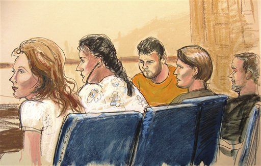  In this courtroom sketch, Anna Chapman, left, Vicky Pelaez, second from left, the defendant known as "Richard Murphy", center, the defendant known as "Cynthia Murphy", second from right, and the defendant known as "Juan Lazaro" are seen in Manhattan federal court in New York, Monday, June 28, 2010. 