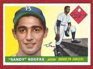 <b>Card:</b> 1955 Topps rookie card<br>
<b>Value:</b> $500 - $5,000<br>
Koufax's cards have always been popular and are in most collections.