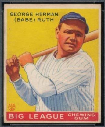 <b>Card:</b> 1933 Goudey<br>
<b>Value:</b> $4,000 - $100,000<br>
This is the "must have" Ruth trading card. It's very tough to find in excellent condition. There are four cards in the series; each is about as desirable as the others.