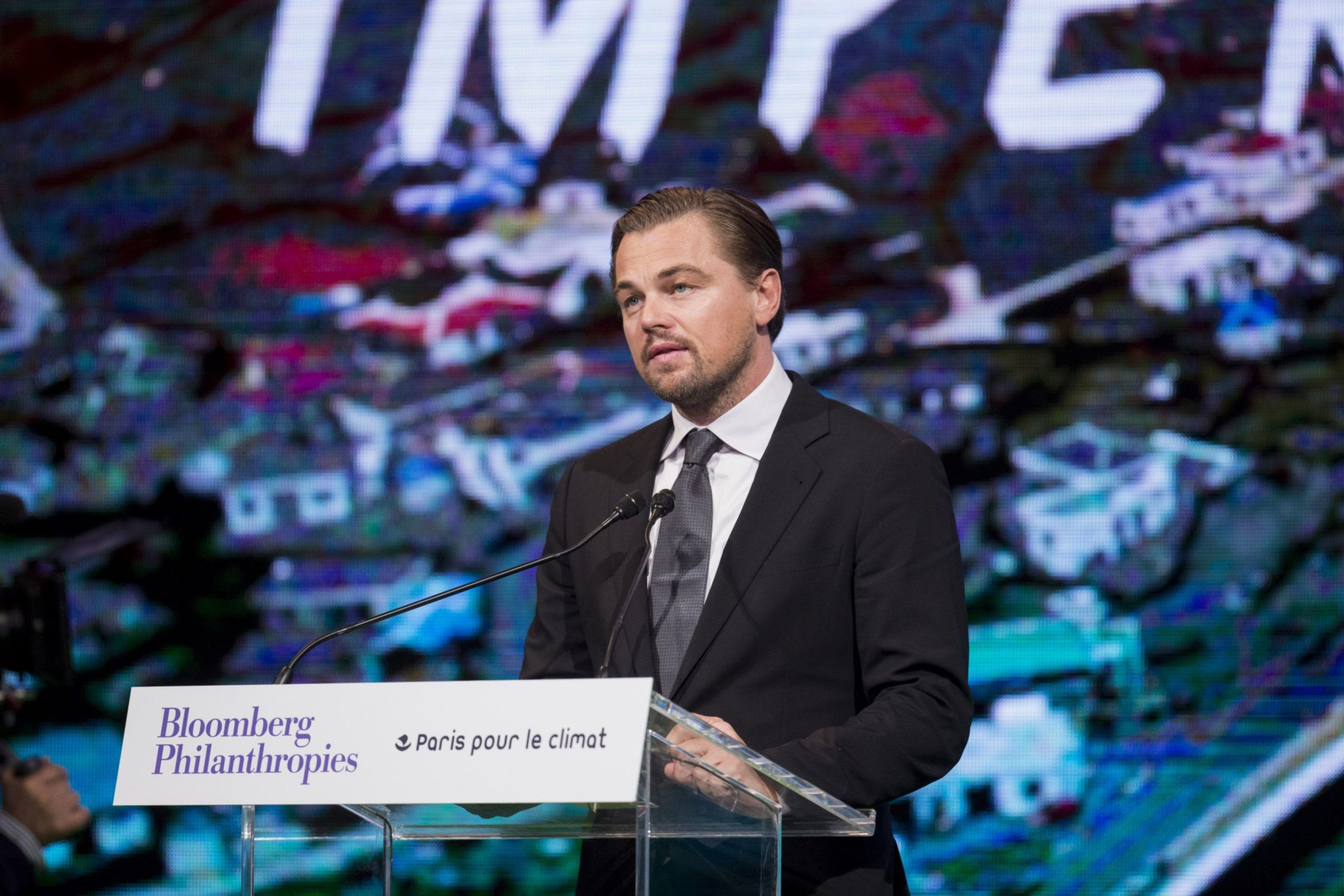 Actor Leonardo DiCaprio speaks during a meeting with Mayors