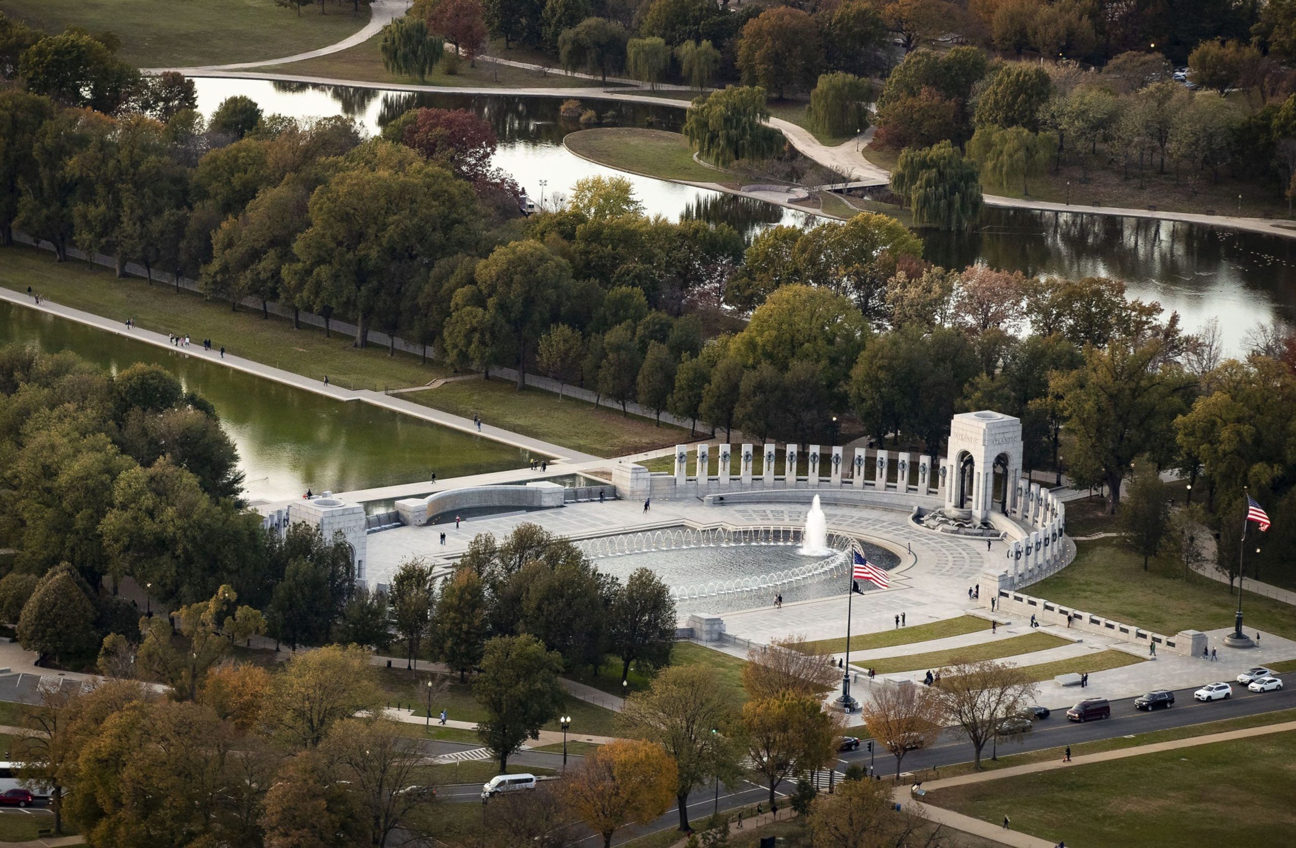 The World War II Memorial is seen in this aerial photograph taken above Washington, D.C., U.S., on Tuesday, Nov. 4, 2019. Democrats and Republicans are at odds over whether to provide new funding for Trump's signature border wall, as well as the duration of a stopgap measure. Some lawmakers proposed delaying spending decisions by a few weeks, while others advocated for a funding bill to last though February or March. Photographer: Al Drago/Bloomberg
