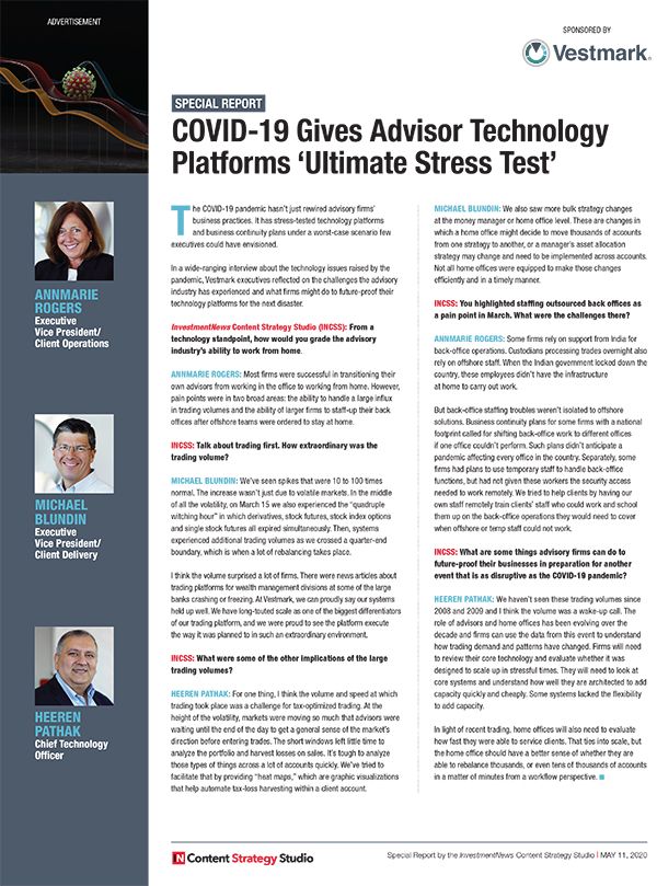 COVID-19 Gives Advisor Technology Platforms ‘Ultimate Stress Test’