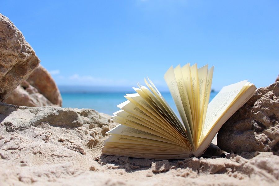 Photo of an open book left on the sand in the windy beach on the coast of Sardinia, Italy, Europe