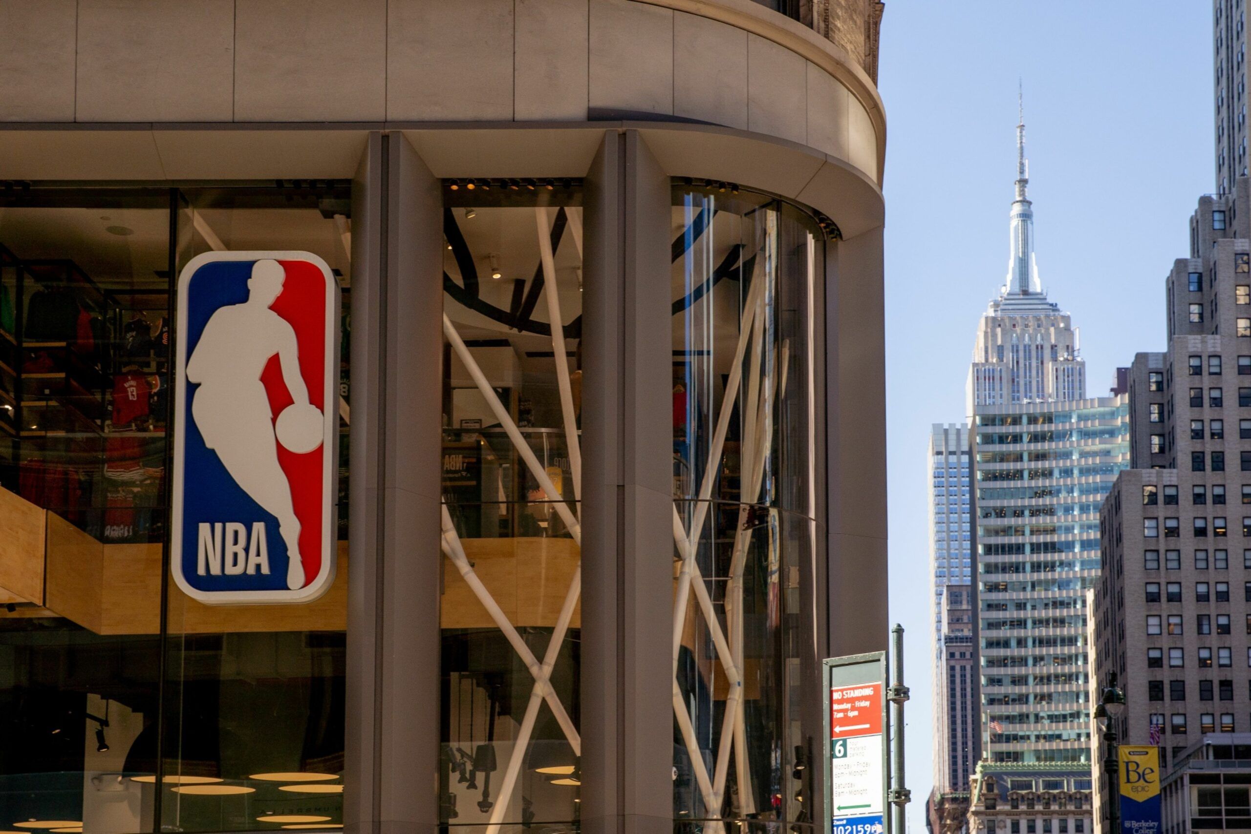 The National Basketball Association Inc. (NBA) store at 545 Fifth Avenue in New York, U.S., on Tuesday, March 30, 2021. Not long ago, major fashion brands were willing to pay ballooning rents just to have a store on Manhattan's Fifth Avenue but now the world-famous shopping strip has transformed into a battleground between landlords and tenants seeking a way out of pricey leases. Photographer: Amir Hamja/Bloomberg