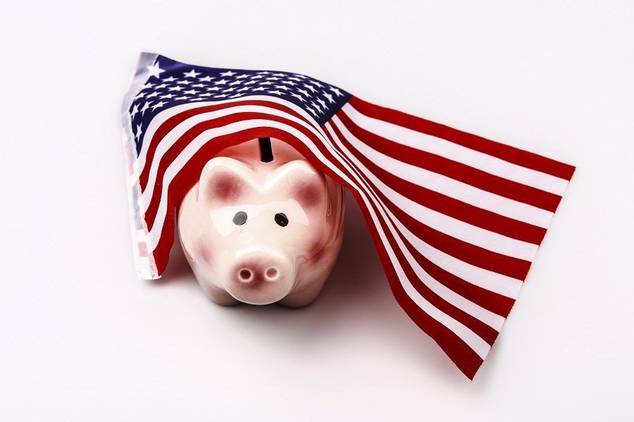 cute pig money box and Amarica flag - save money in USA concept