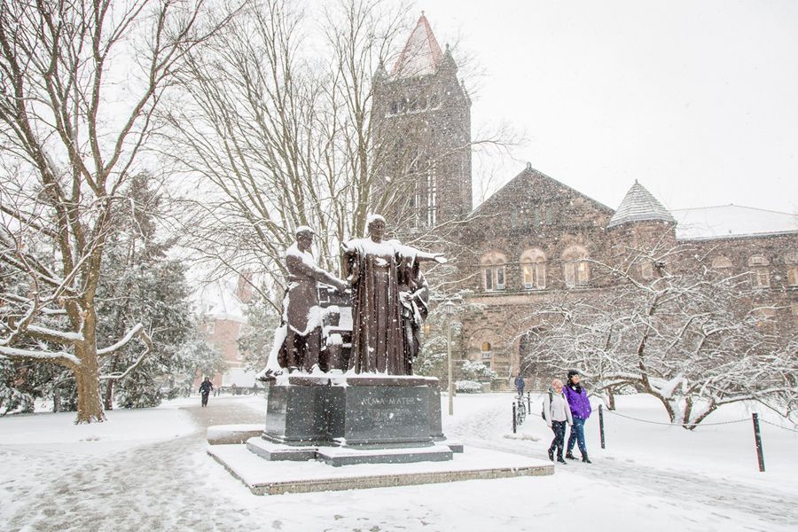 The Alma Mater during a February snow shower.